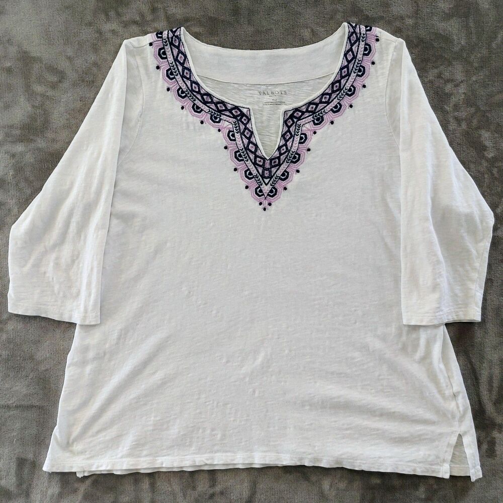 Talbots Split Neck Embroidered Tee Tunic Women's XL Petite White Purple Coastal